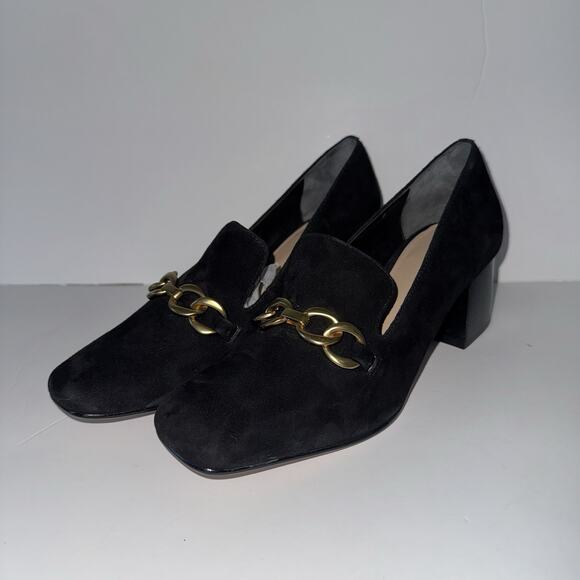 Vis Spiga Women’s Black Suede Block Heel Loafers Size 7 Chain Detail Slip On - Picture 1 of 11